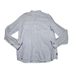 Armani Collezioni Light Blue Pinstripe Button Up Shirt Band Collar Men's L
